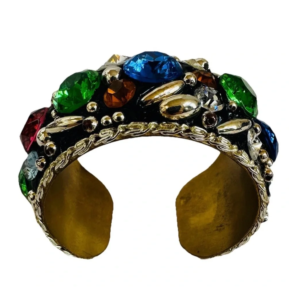 VTG Bold Jewel Tone Mosaic Cuff Bangle Bracelet Gold Tone Chunky Ren Faire Retro